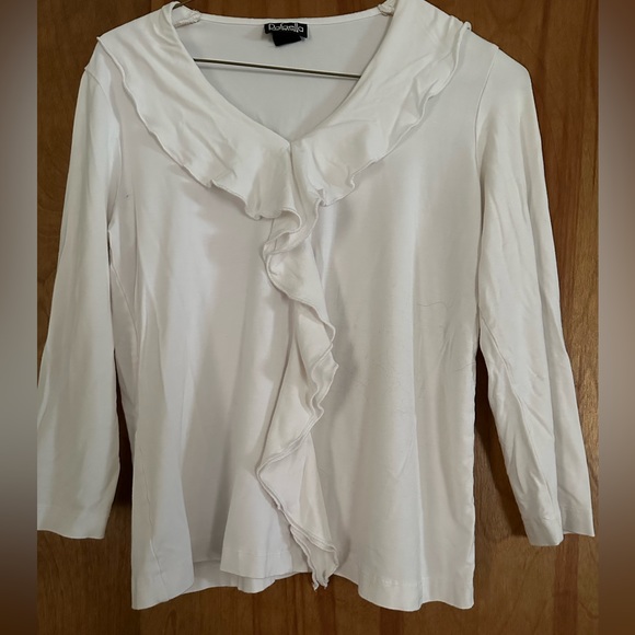 Rafaella Tops - Rafaella Women’s petite white small long sleeve ruffle down top